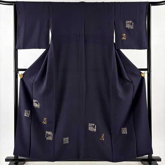 付下 身長158cm 袖長64cm M 雙層 草花紋紋 立涌 金銀彩 刺繡 深紫 純蠶絲 秀品級