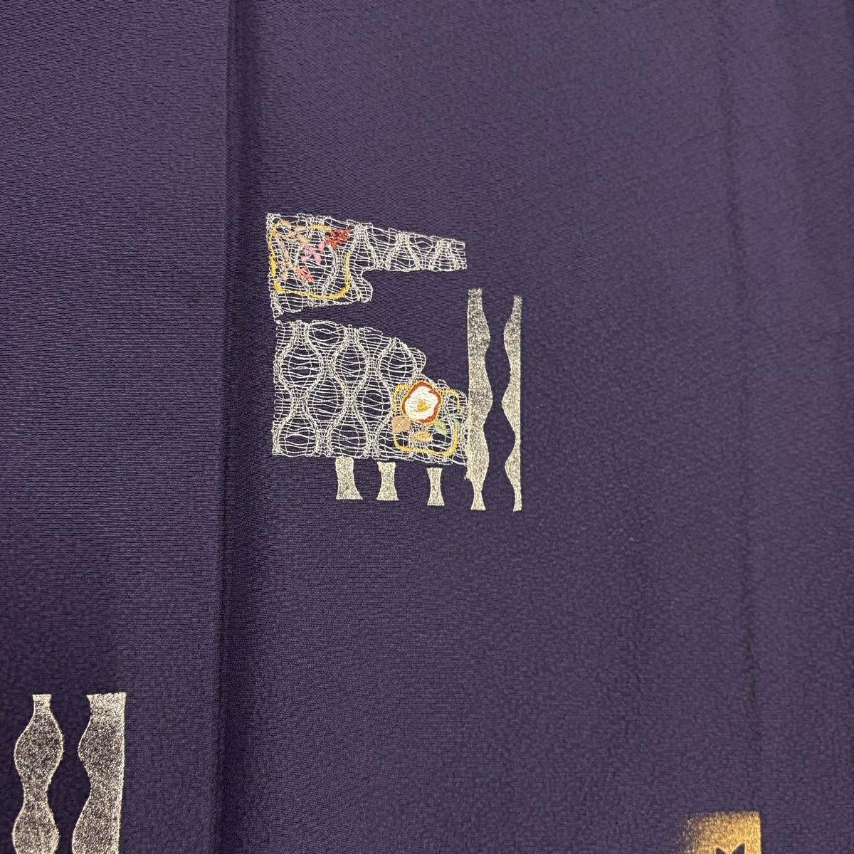 付下 身長158cm 袖長64cm M 雙層 草花紋紋 立涌 金銀彩 刺繡 深紫 純蠶絲 秀品級