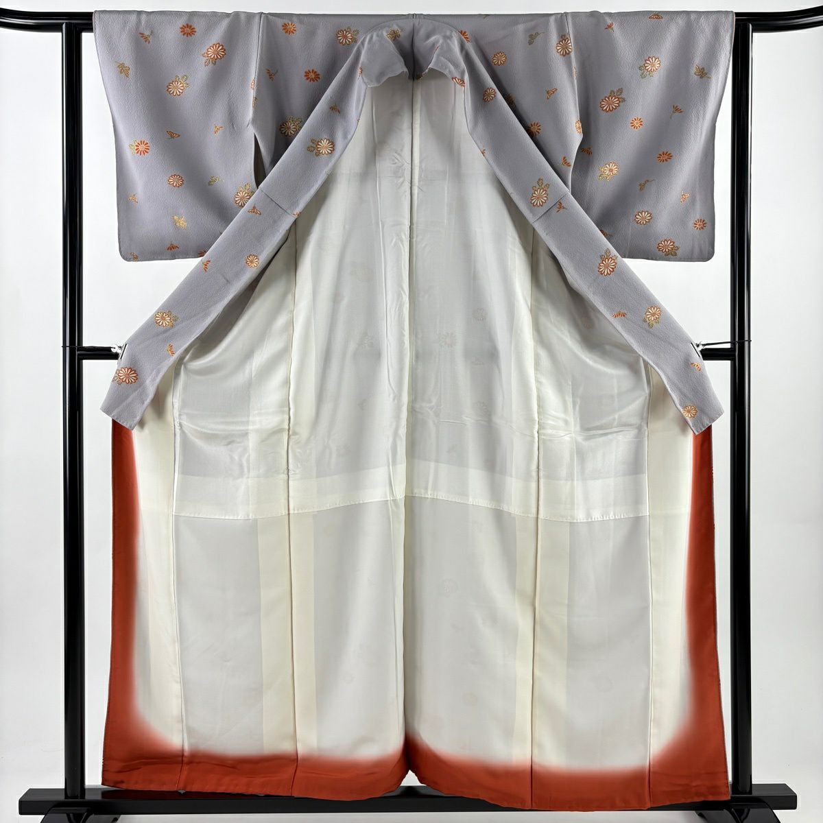 小紋 身長159.5cm 袖長62cm S 雙層 菊花 金彩裝飾 絞織 薄紫 純蠶絲 秀品級