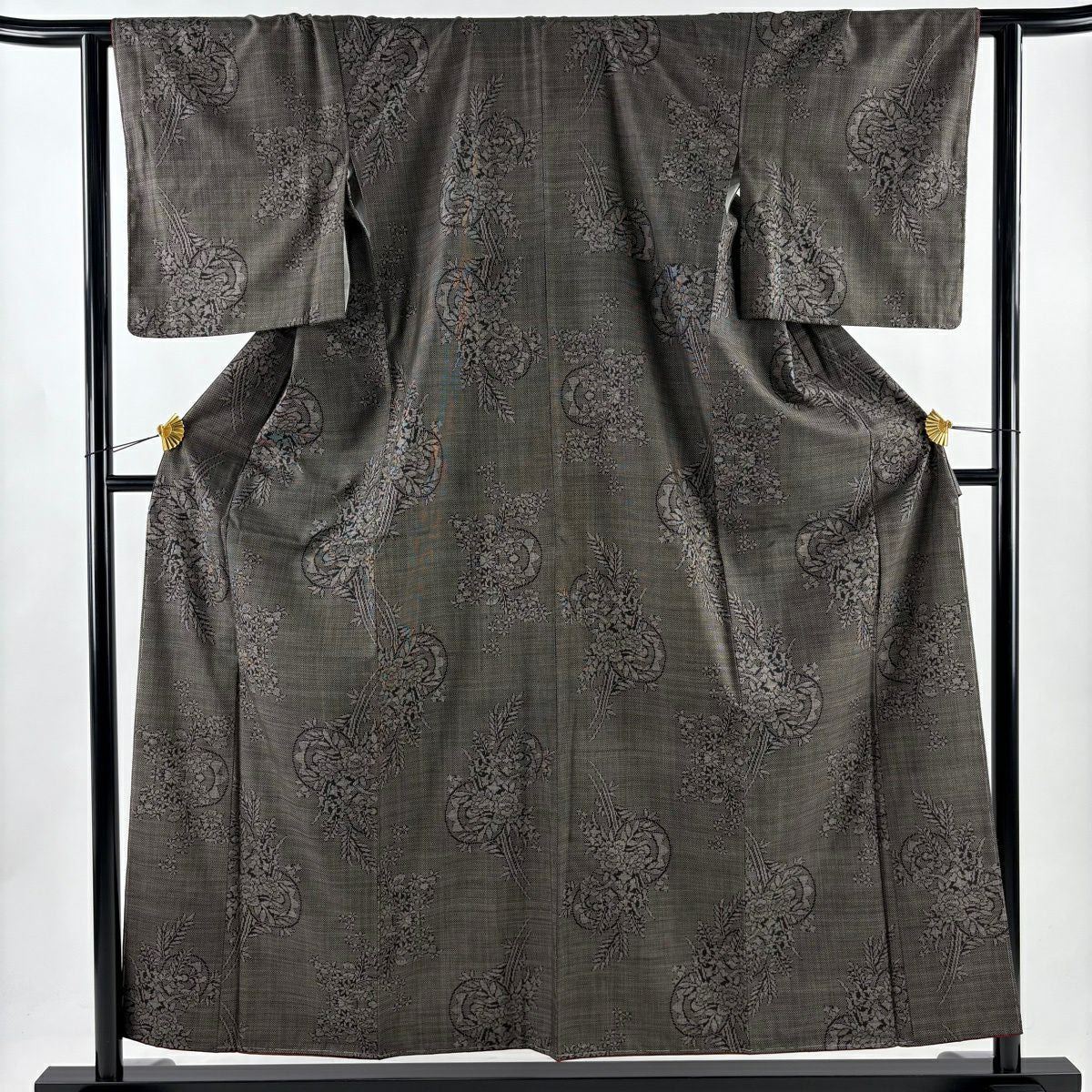【美品】 大島織 身長156cm 袖長63cm S 雙層 純泥染 證書附帶 草花紋紋 鼓 焦茶 純蠶絲 優品級