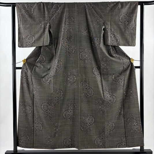 【美品】 大島織 身長156cm 袖長63cm S 雙層 純泥染 證書附帶 草花紋紋 鼓 焦茶 純蠶絲 優品級