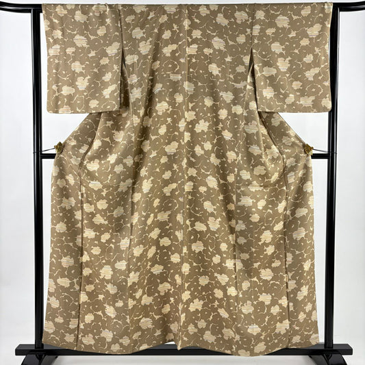 小紋 身長158cm 袖長63.5cm S 雙層 草花紋紋 縞 金銀彩 淺茶 純蠶絲 秀品級