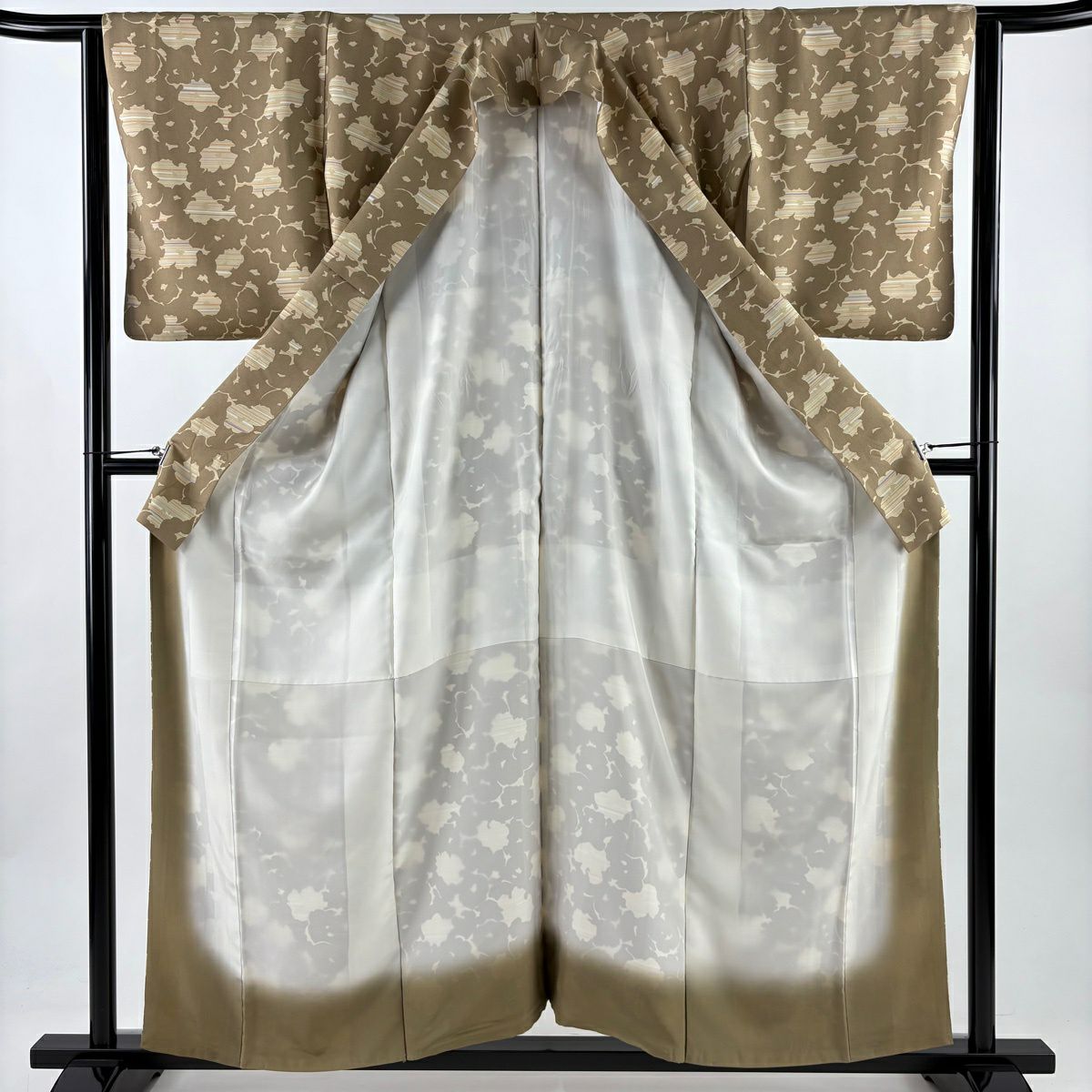 小紋 身長158cm 袖長63.5cm S 雙層 草花紋紋 縞 金銀彩 淺茶 純蠶絲 秀品級