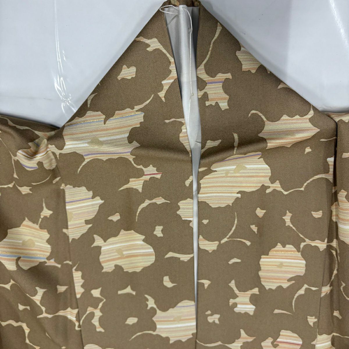 小紋 身長158cm 袖長63.5cm S 雙層 草花紋紋 縞 金銀彩 淺茶 純蠶絲 秀品級