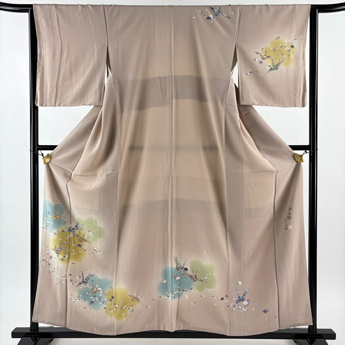 【美品】訪問服 身長157.5cm 袖長64cm M 雙層 落款あり 梅花 折仙鶴 漸層 粉米色 純蠶絲 優品級