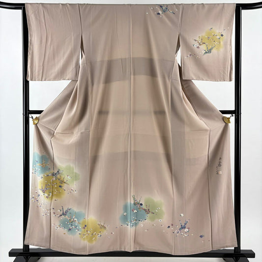 【美品】訪問服 身長157.5cm 袖長64cm M 雙層 落款あり 梅花 折仙鶴 漸層 粉米色 純蠶絲 優品級