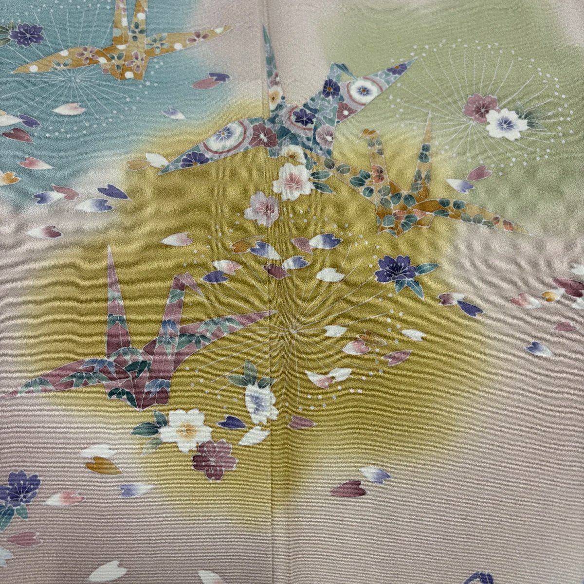 【美品】訪問服 身長157.5cm 袖長64cm M 雙層 落款あり 梅花 折仙鶴 漸層 粉米色 純蠶絲 優品級