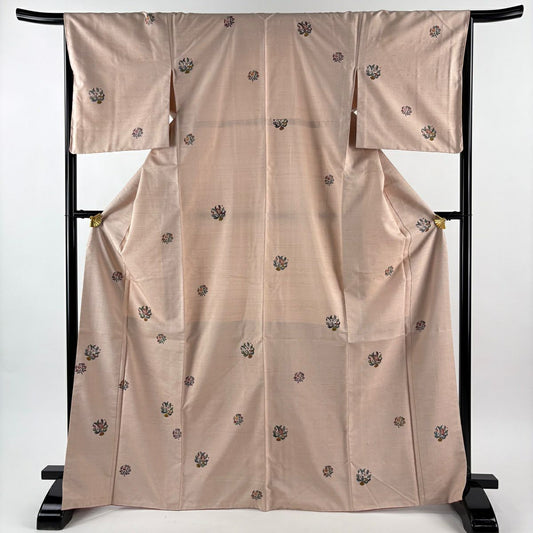 【美品】 小紋 身長169cm 袖長65.5cm M 雙層 紬織織 花唐草紋 淡粉色 純蠶絲 優品級