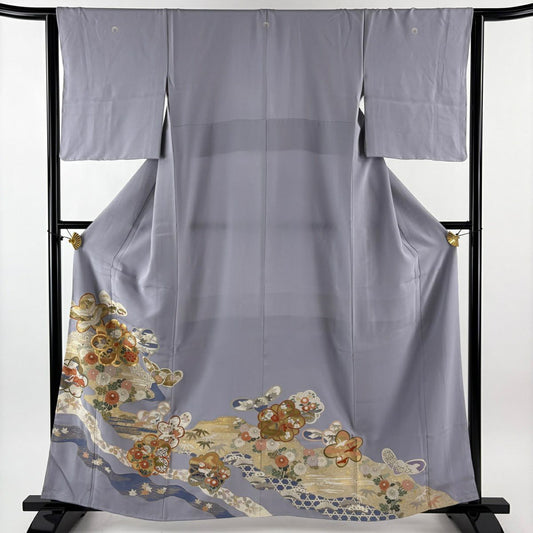 留袖禮服禮服 身長160cm 袖長63cm S 雙層 梅花 菊花 金絲 金銀彩 淺紫 純蠶絲 優品級 三個紋