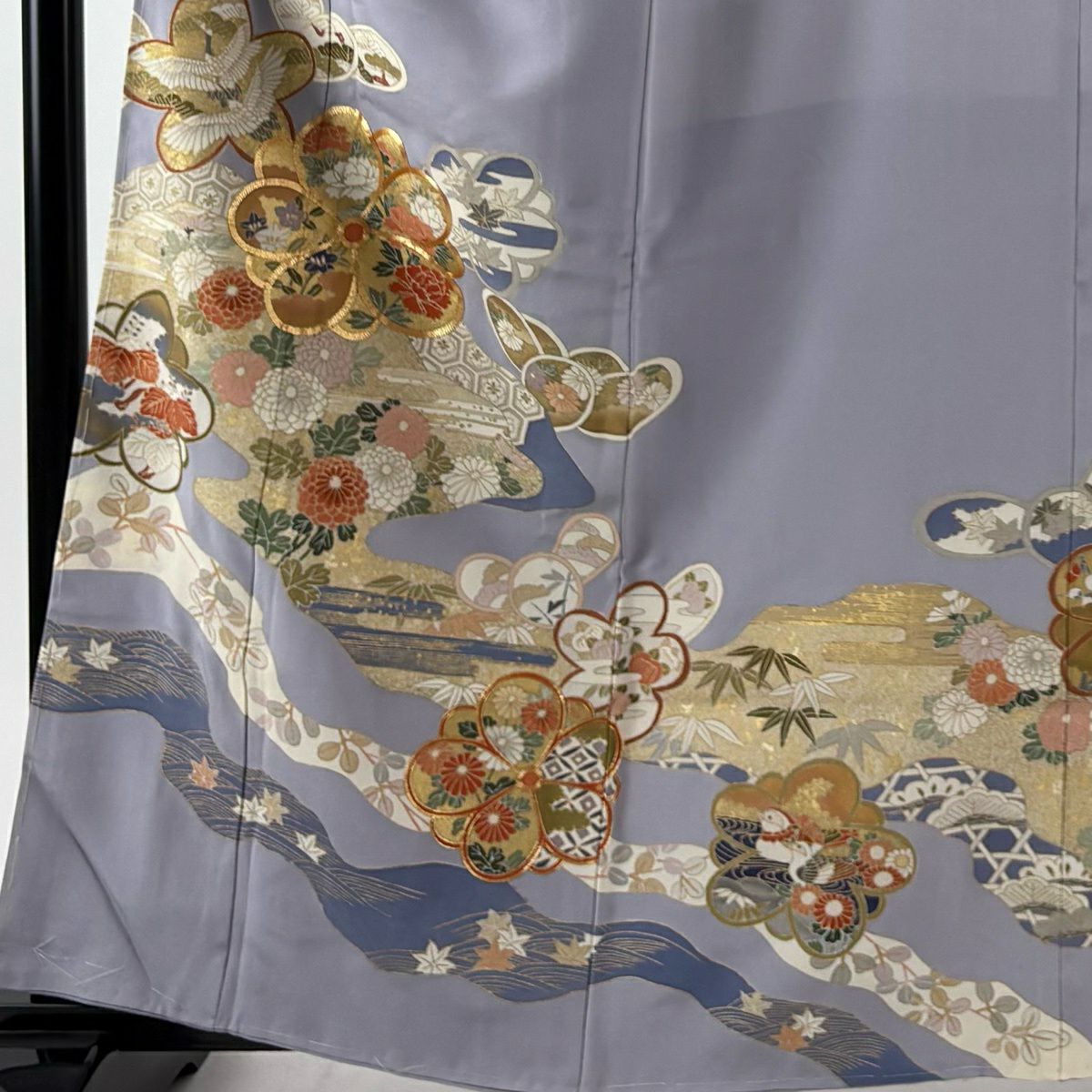 留袖禮服禮服 身長160cm 袖長63cm S 雙層 梅花 菊花 金絲 金銀彩 淺紫 純蠶絲 優品級 三個紋