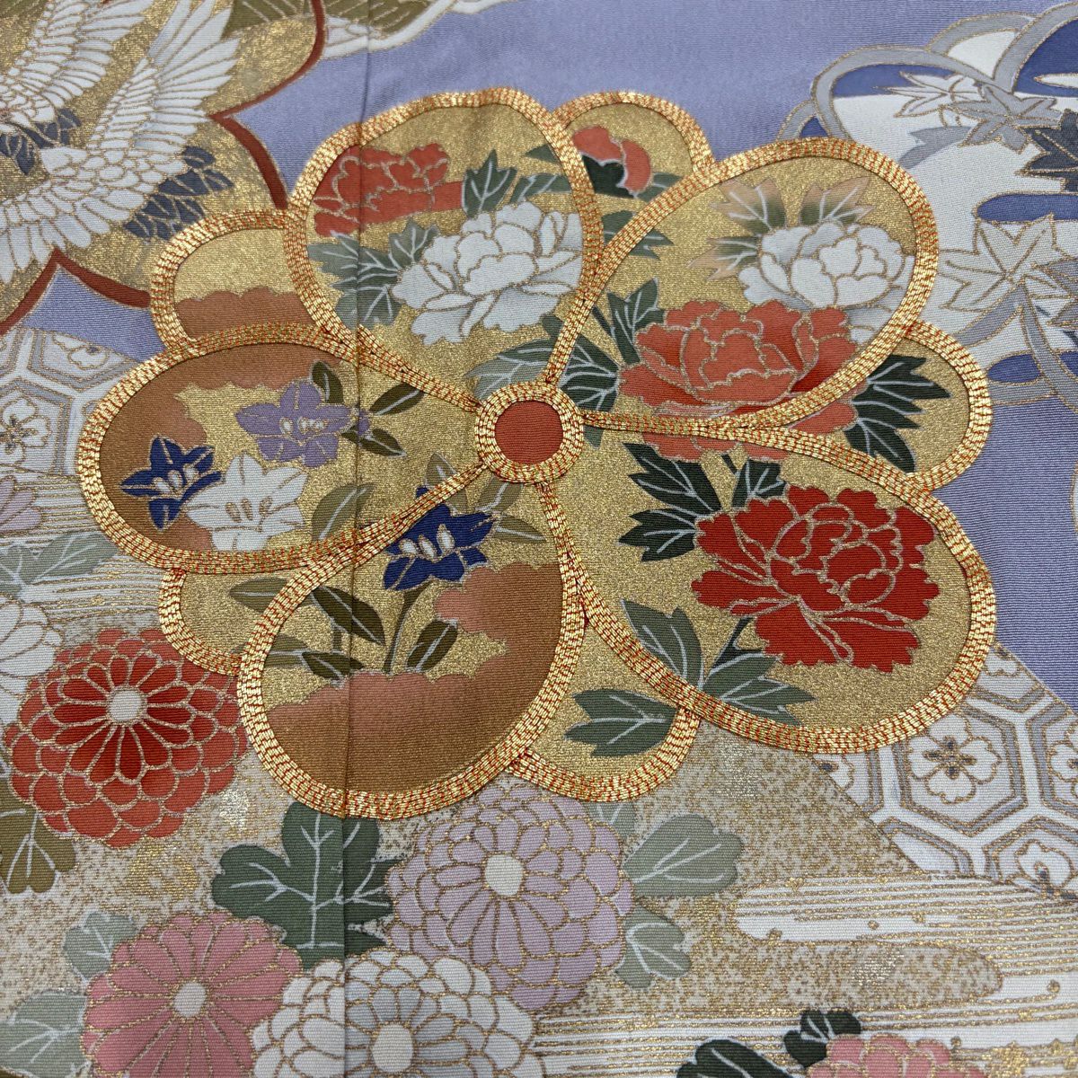 留袖禮服禮服 身長160cm 袖長63cm S 雙層 梅花 菊花 金絲 金銀彩 淺紫 純蠶絲 優品級 三個紋