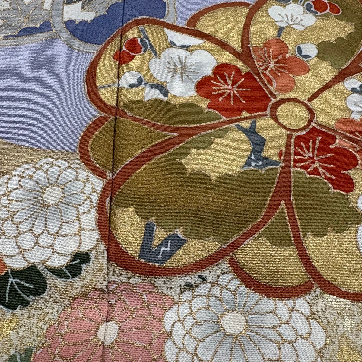 留袖禮服禮服 身長160cm 袖長63cm S 雙層 梅花 菊花 金絲 金銀彩 淺紫 純蠶絲 優品級 三個紋