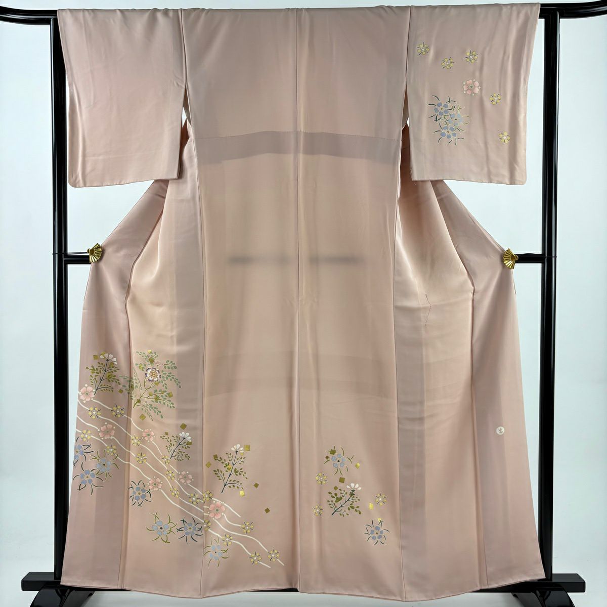 付下 身長159cm 袖長63.5cm S 雙層 落款 草花紋紋 流水 金絲 金銀彩 粉紅 純蠶絲 優品級
