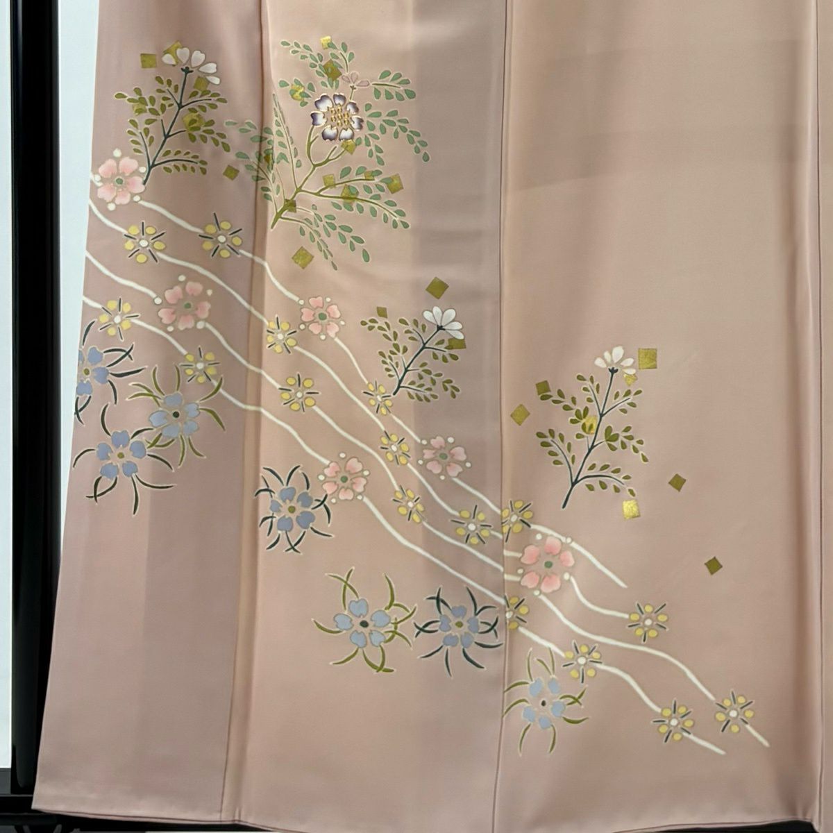 付下 身長159cm 袖長63.5cm S 雙層 落款 草花紋紋 流水 金絲 金銀彩 粉紅 純蠶絲 優品級