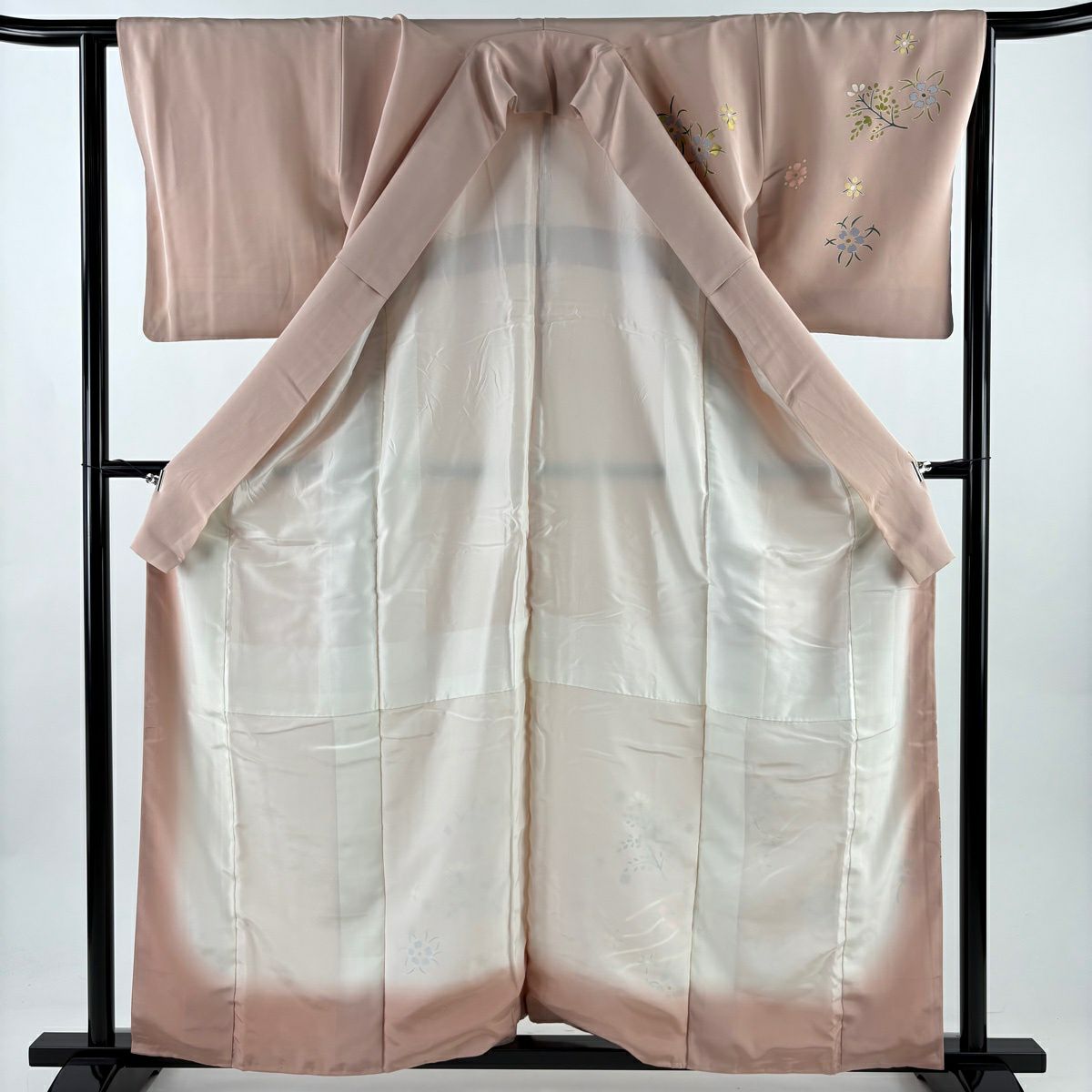 付下 身長159cm 袖長63.5cm S 雙層 落款 草花紋紋 流水 金絲 金銀彩 粉紅 純蠶絲 優品級