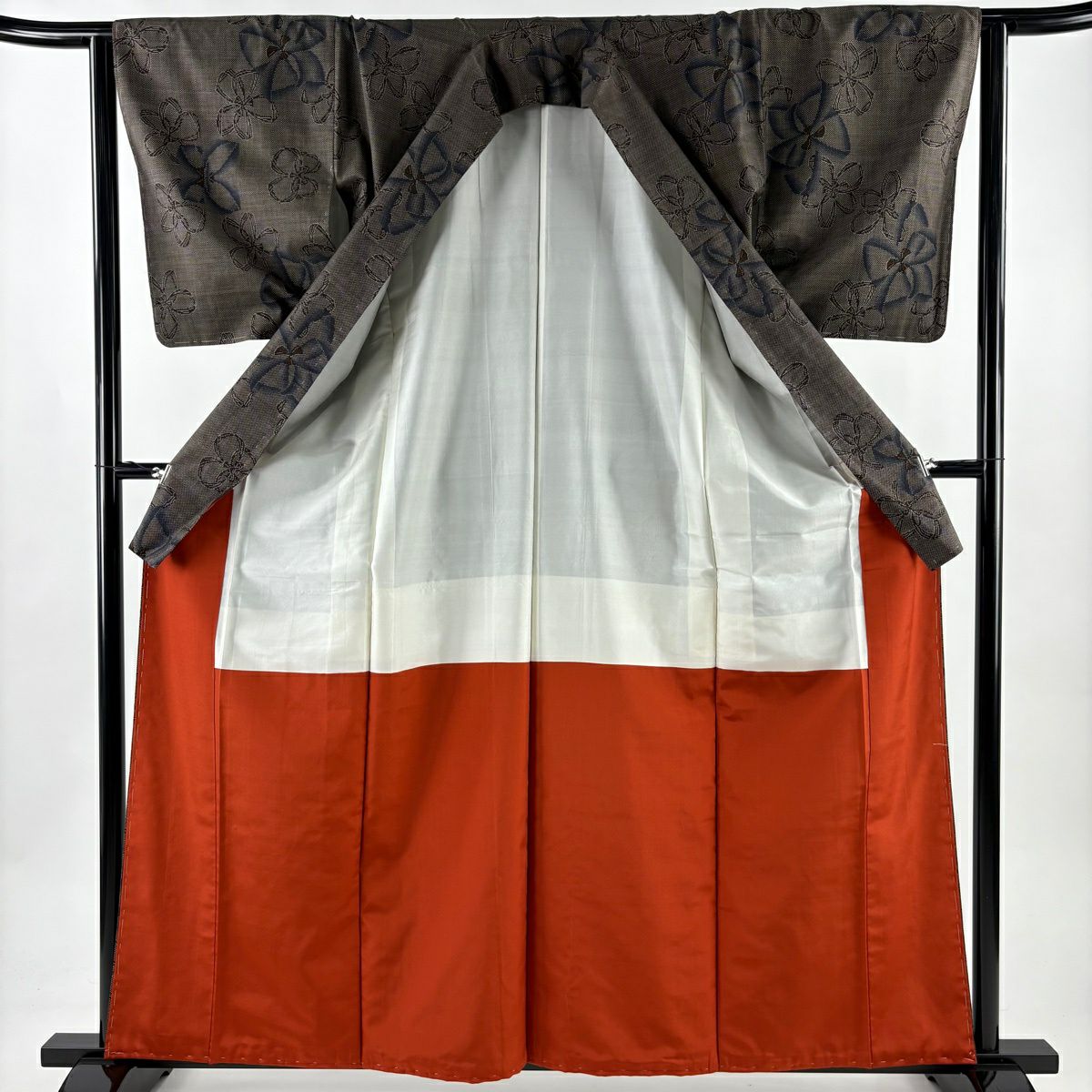 【美品】 紬織 身長161cm 袖長64cm M 雙層 證書齊全 花 焦茶 純蠶絲 優品級