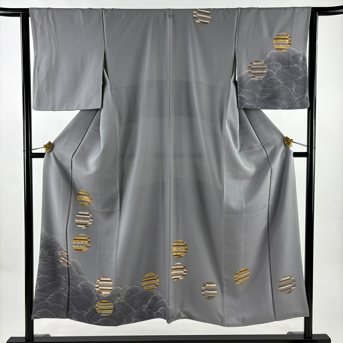 付下 身長150cm 袖長63cm S 雙層 圓紋 波紋 金絲 金銀彩 灰色 純蠶絲 秀品級 一個紋