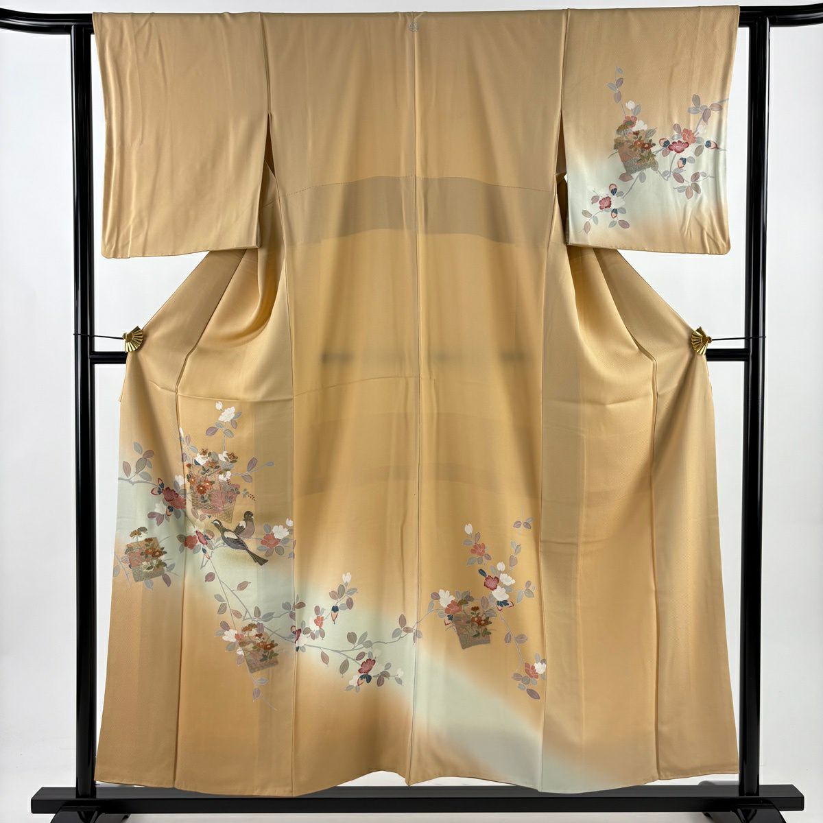 付下 身長156cm 袖長61.5cm S 雙層 色紙 花鳥 刺繡 金彩裝飾 淺橙 純蠶絲 優品級 一個紋