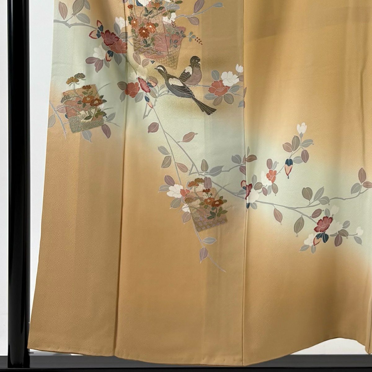 付下 身長156cm 袖長61.5cm S 雙層 色紙 花鳥 刺繡 金彩裝飾 淺橙 純蠶絲 優品級 一個紋