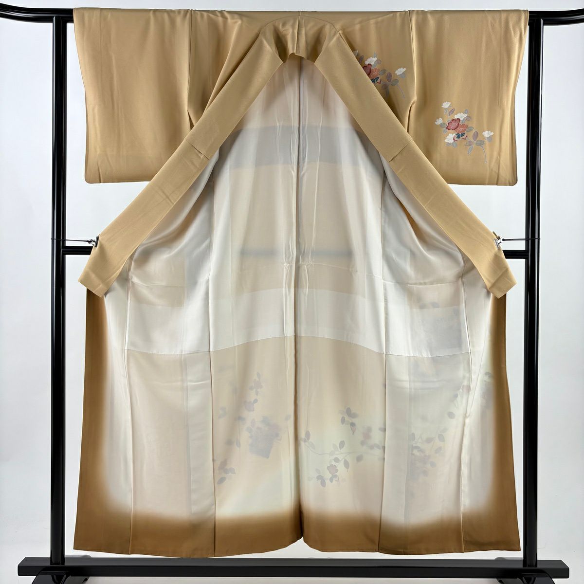 付下 身長156cm 袖長61.5cm S 雙層 色紙 花鳥 刺繡 金彩裝飾 淺橙 純蠶絲 優品級 一個紋