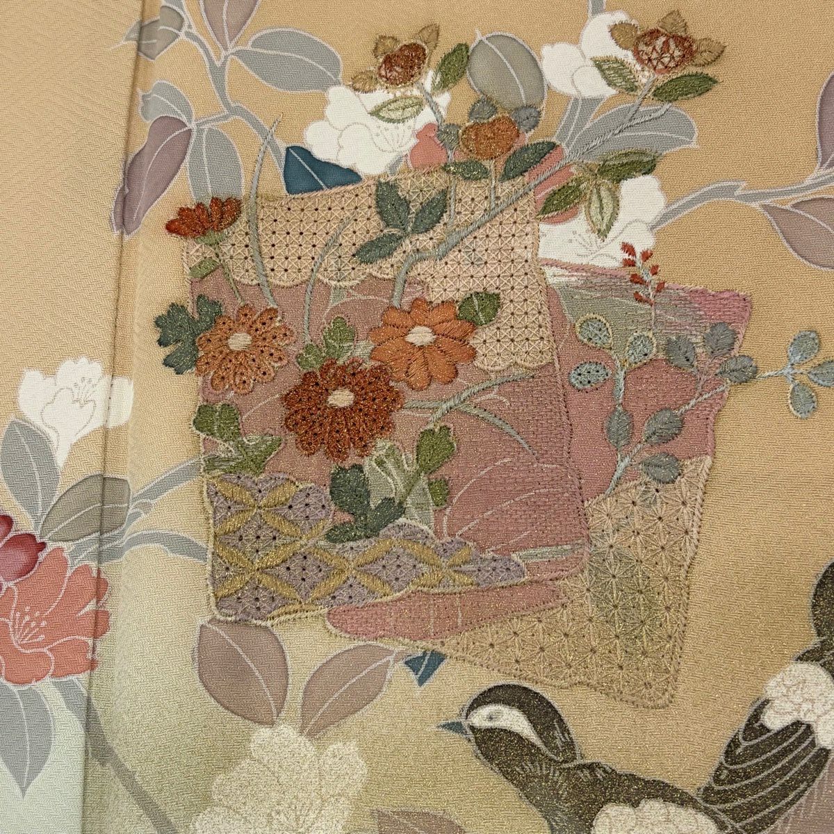 付下 身長156cm 袖長61.5cm S 雙層 色紙 花鳥 刺繡 金彩裝飾 淺橙 純蠶絲 優品級 一個紋