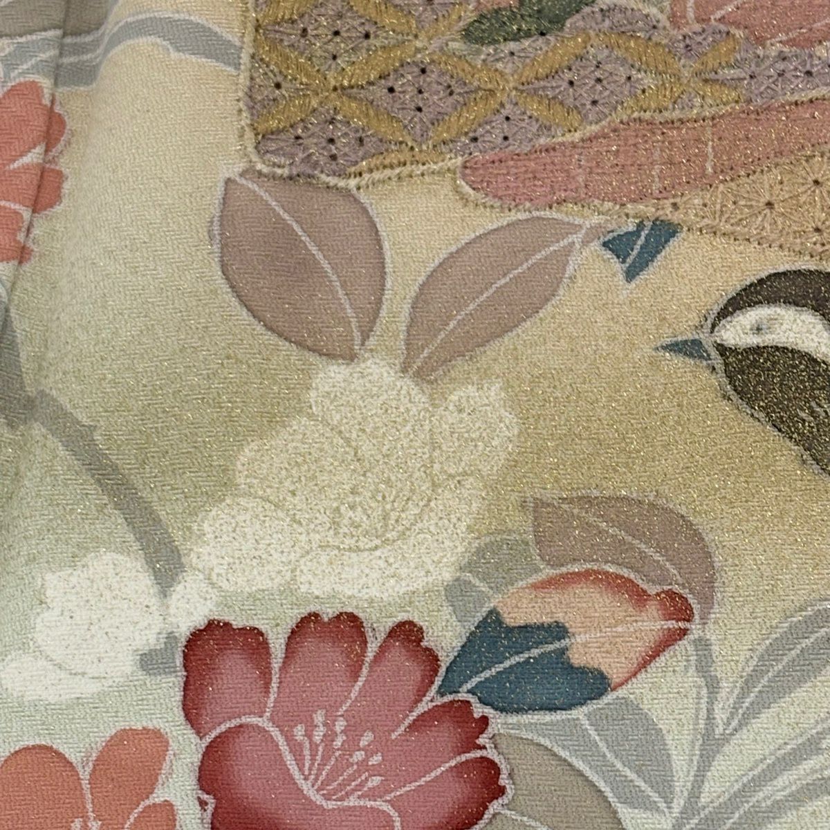 付下 身長156cm 袖長61.5cm S 雙層 色紙 花鳥 刺繡 金彩裝飾 淺橙 純蠶絲 優品級 一個紋