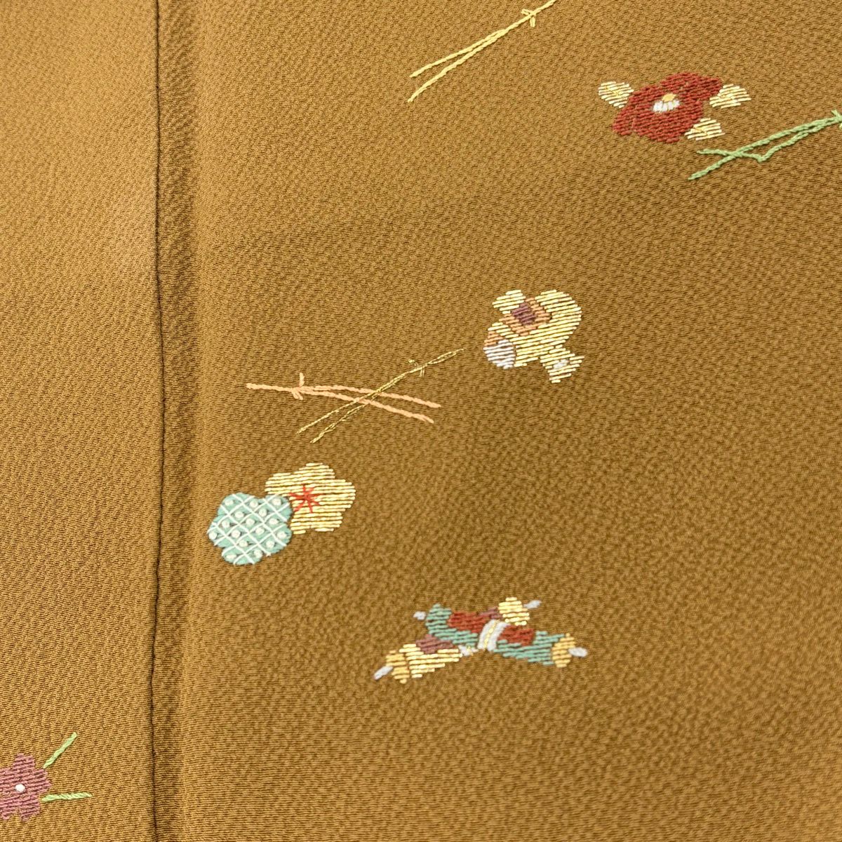 付下 身長158.5cm 袖長67cm M 雙層 寶物滿載 吹寄 刺繡 金金箔 山吹茶 純蠶絲 優品級 一個紋