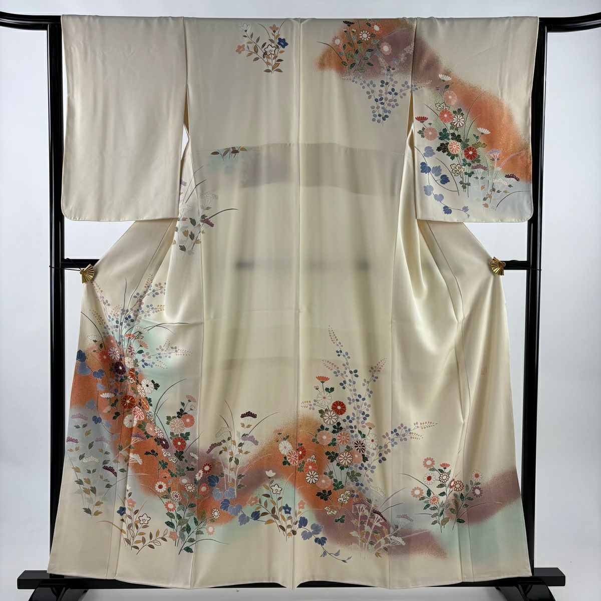 訪問服 身長158cm 袖長64cm M 雙層 落款 秋草 霞 金絲 金銀彩 奶油色 純蠶絲 優秀品級