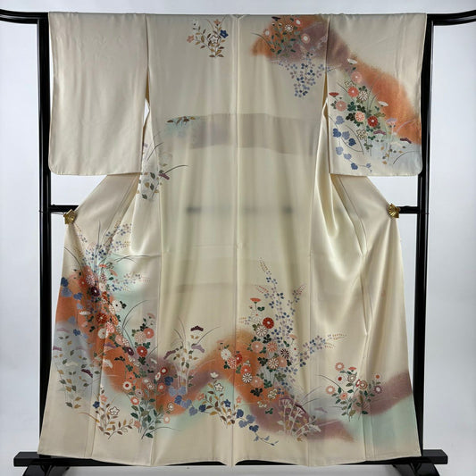 訪問服 身長158cm 袖長64cm M 雙層 落款 秋草 霞 金絲 金銀彩 奶油色 純蠶絲 優秀品級