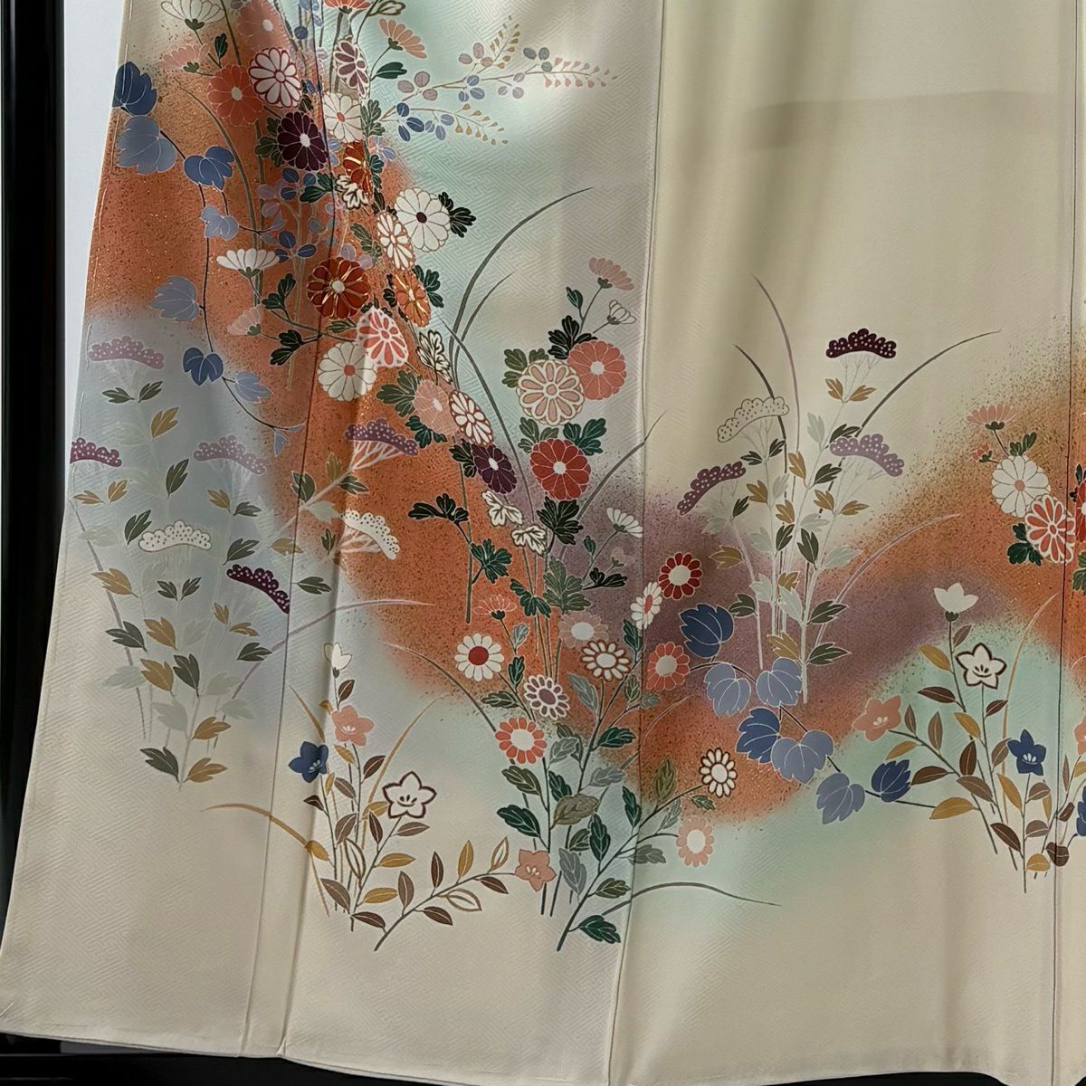 訪問服 身長158cm 袖長64cm M 雙層 落款 秋草 霞 金絲 金銀彩 奶油色 純蠶絲 優秀品級