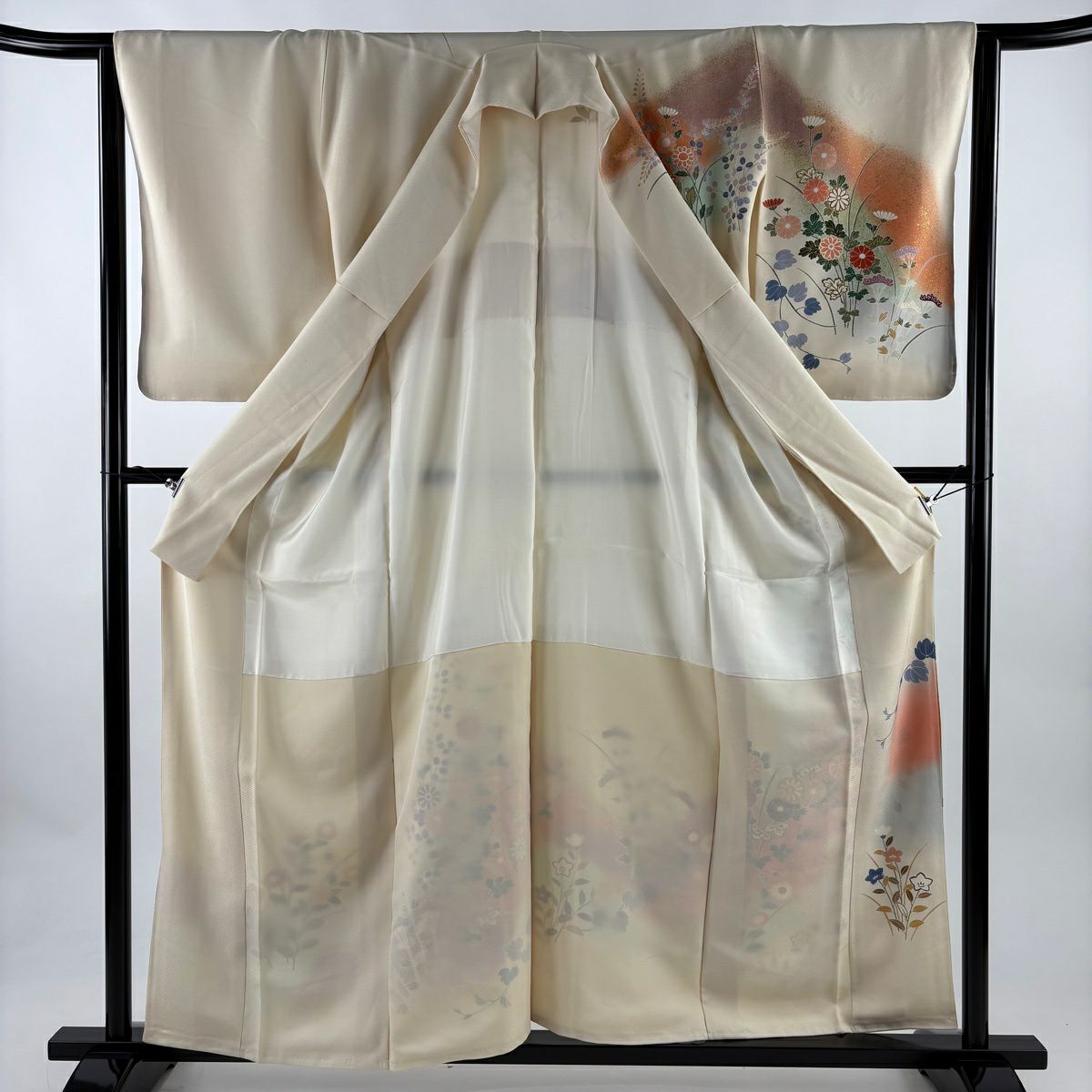 訪問服 身長158cm 袖長64cm M 雙層 落款 秋草 霞 金絲 金銀彩 奶油色 純蠶絲 優秀品級