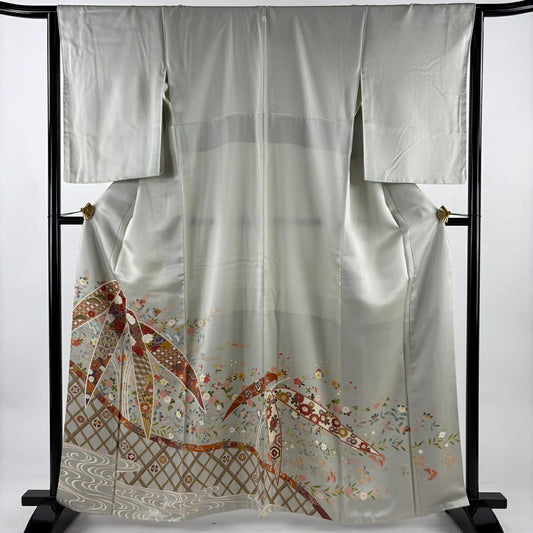 灰色留袖禮服 身長163cm 袖長64.5cm M 雙層 竹子葉 菊花花 純蠶絲 優品級 一個紋
