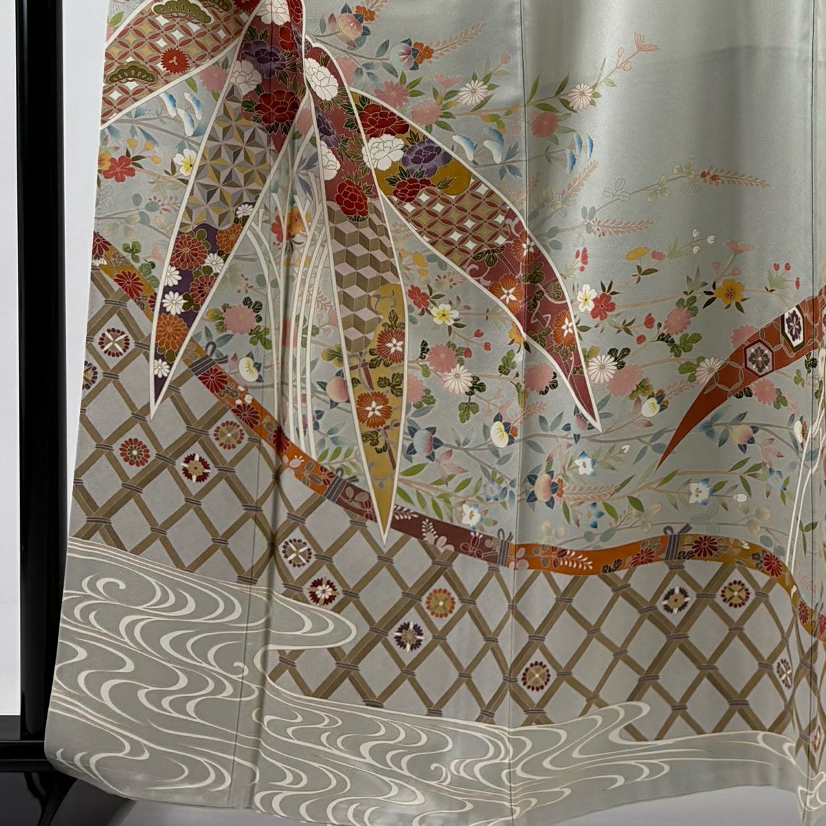 灰色留袖禮服 身長163cm 袖長64.5cm M 雙層 竹子葉 菊花花 純蠶絲 優品級 一個紋