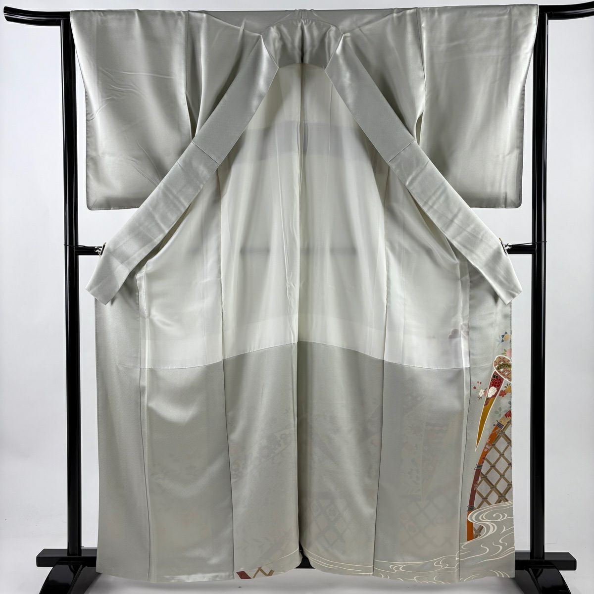 灰色留袖禮服 身長163cm 袖長64.5cm M 雙層 竹子葉 菊花花 純蠶絲 優品級 一個紋