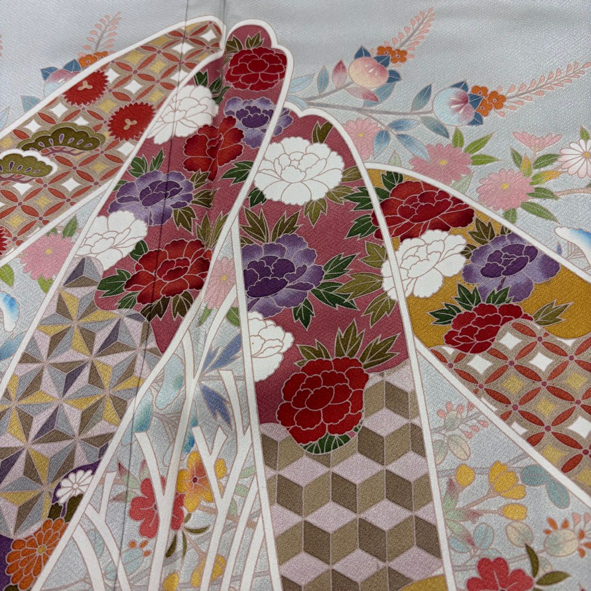 灰色留袖禮服 身長163cm 袖長64.5cm M 雙層 竹子葉 菊花花 純蠶絲 優品級 一個紋