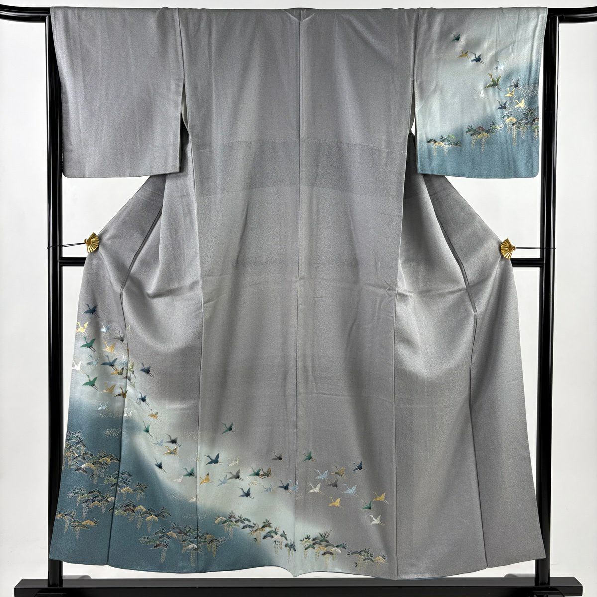 付下 身長154cm 袖長63.5cm S 雙層 仙鶴 松樹 金銀彩 螺鈿 灰 純蠶絲 秀品級