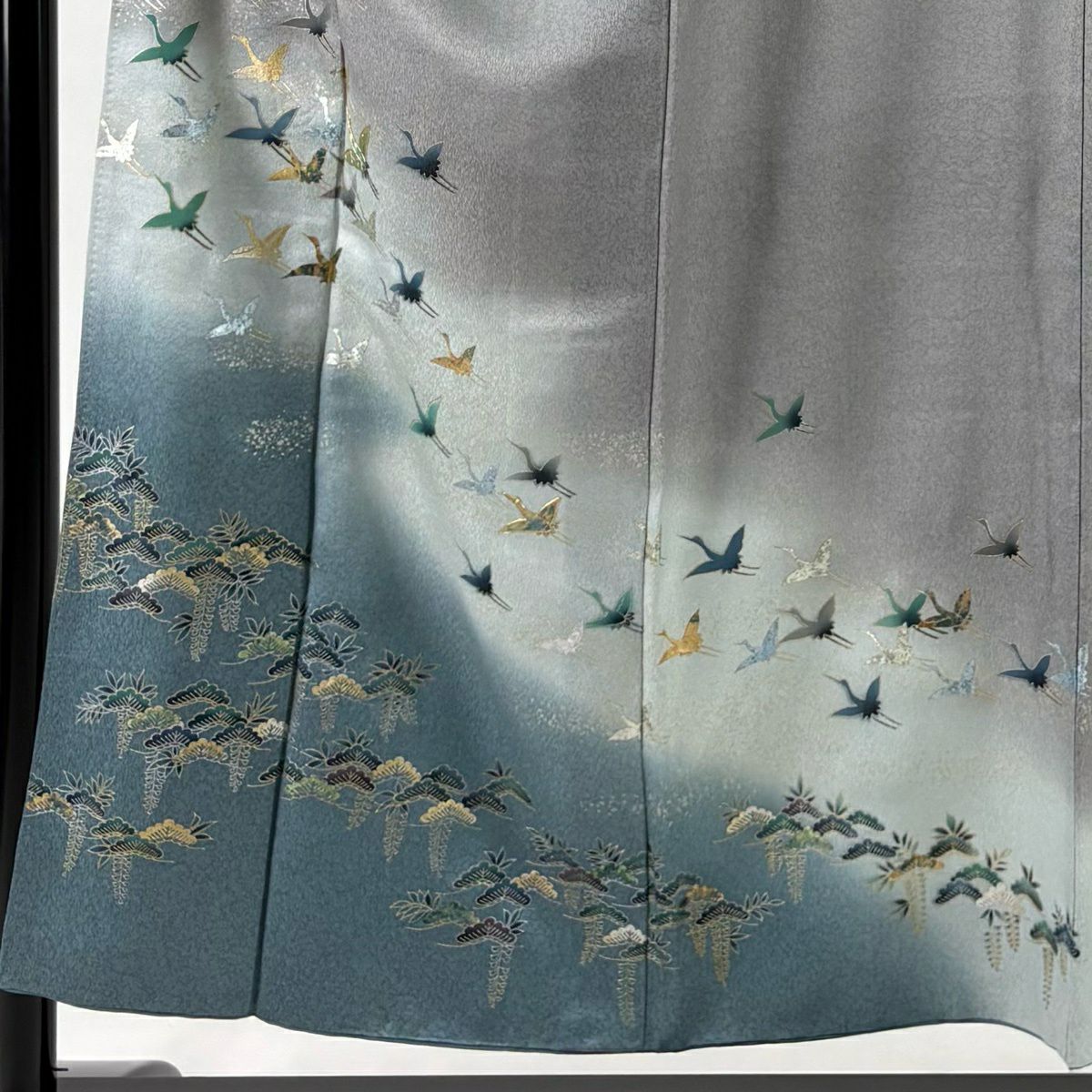 付下 身長154cm 袖長63.5cm S 雙層 仙鶴 松樹 金銀彩 螺鈿 灰 純蠶絲 秀品級