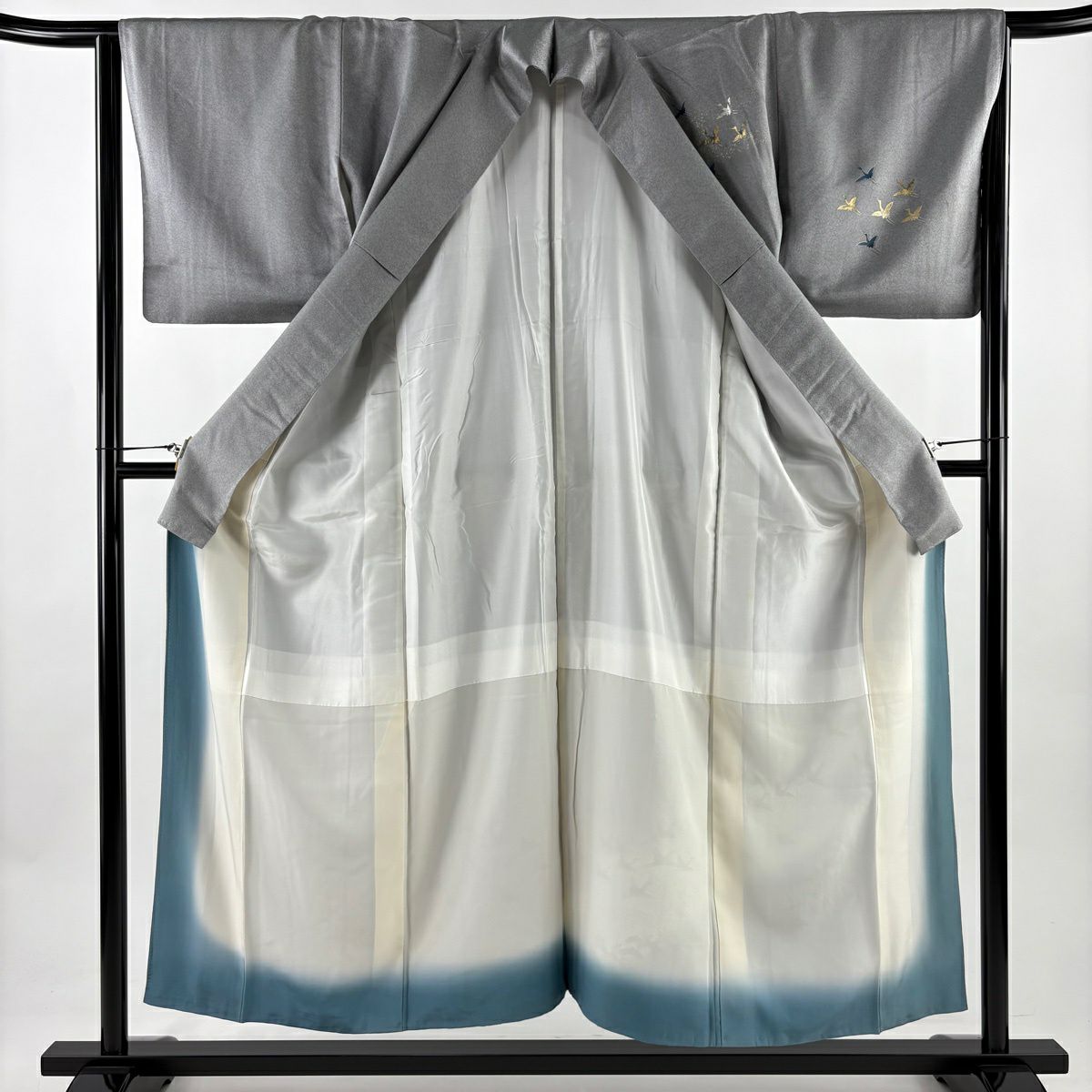 付下 身長154cm 袖長63.5cm S 雙層 仙鶴 松樹 金銀彩 螺鈿 灰 純蠶絲 秀品級