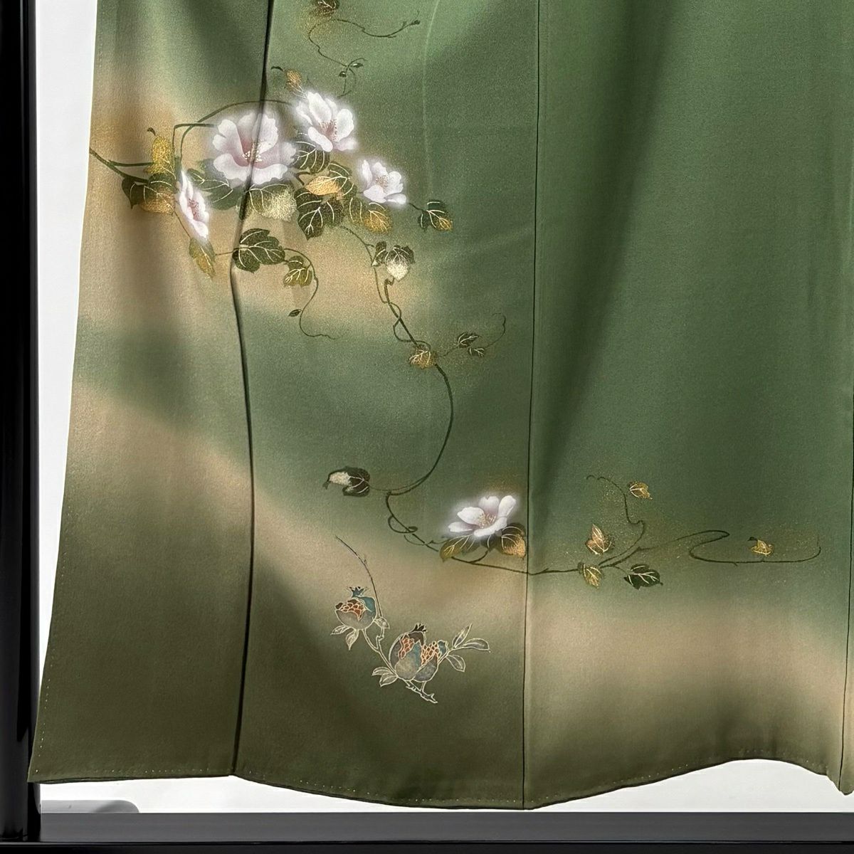 訪問服 身長154cm 袖長63cm S 雙層 草花紋紋 柘榴 金彩裝飾 漸層 艾綠 純蠶絲 優品級