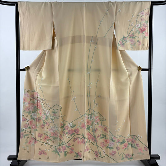 訪問服 身長159.5cm 袖長65cm M 雙層 草花紋紋 金銀彩 淺橙色 純蠶絲 優品級 一個紋