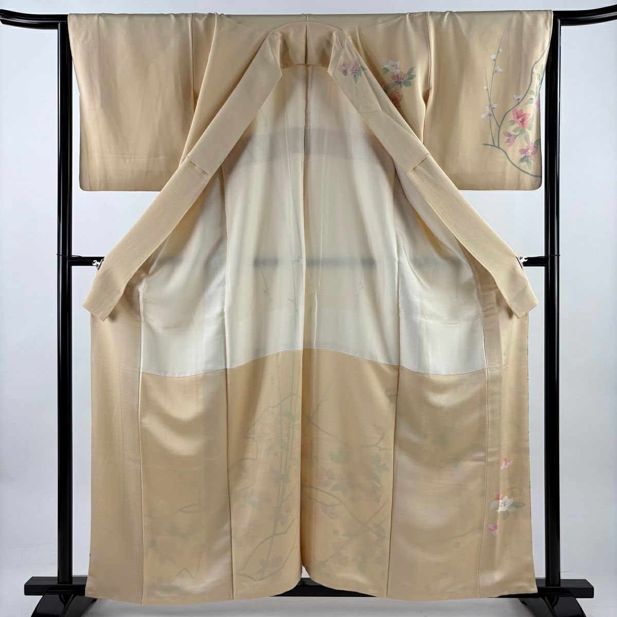 訪問服 身長159.5cm 袖長65cm M 雙層 草花紋紋 金銀彩 淺橙色 純蠶絲 優品級 一個紋