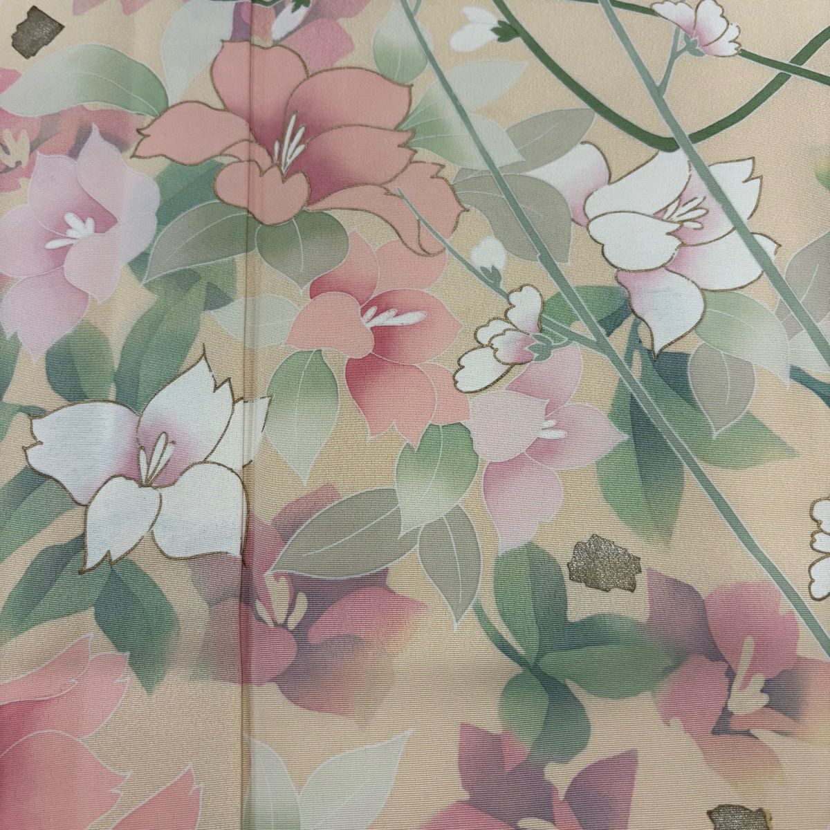 訪問服 身長159.5cm 袖長65cm M 雙層 草花紋紋 金銀彩 淺橙色 純蠶絲 優品級 一個紋