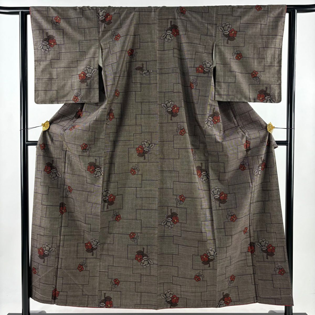 【美品】 紬織 身長155cm 袖長62cm S 雙層 椿 幾何學 焦茶 純蠶絲 秀品級