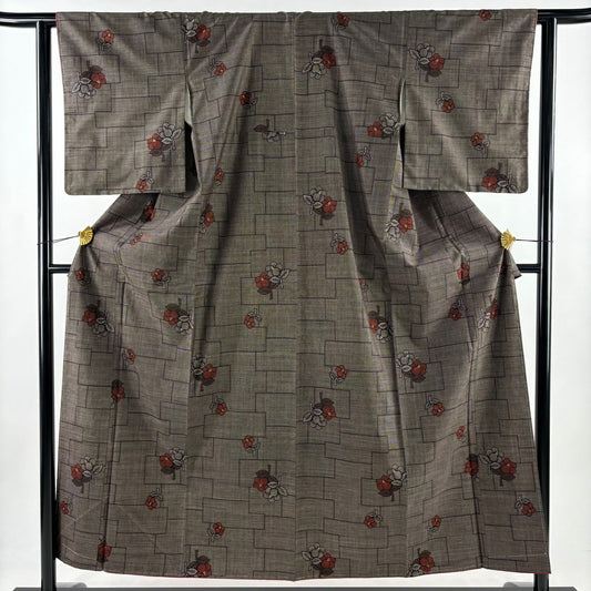 【美品】 紬織 身長155cm 袖長62cm S 雙層 椿 幾何學 焦茶 純蠶絲 秀品級