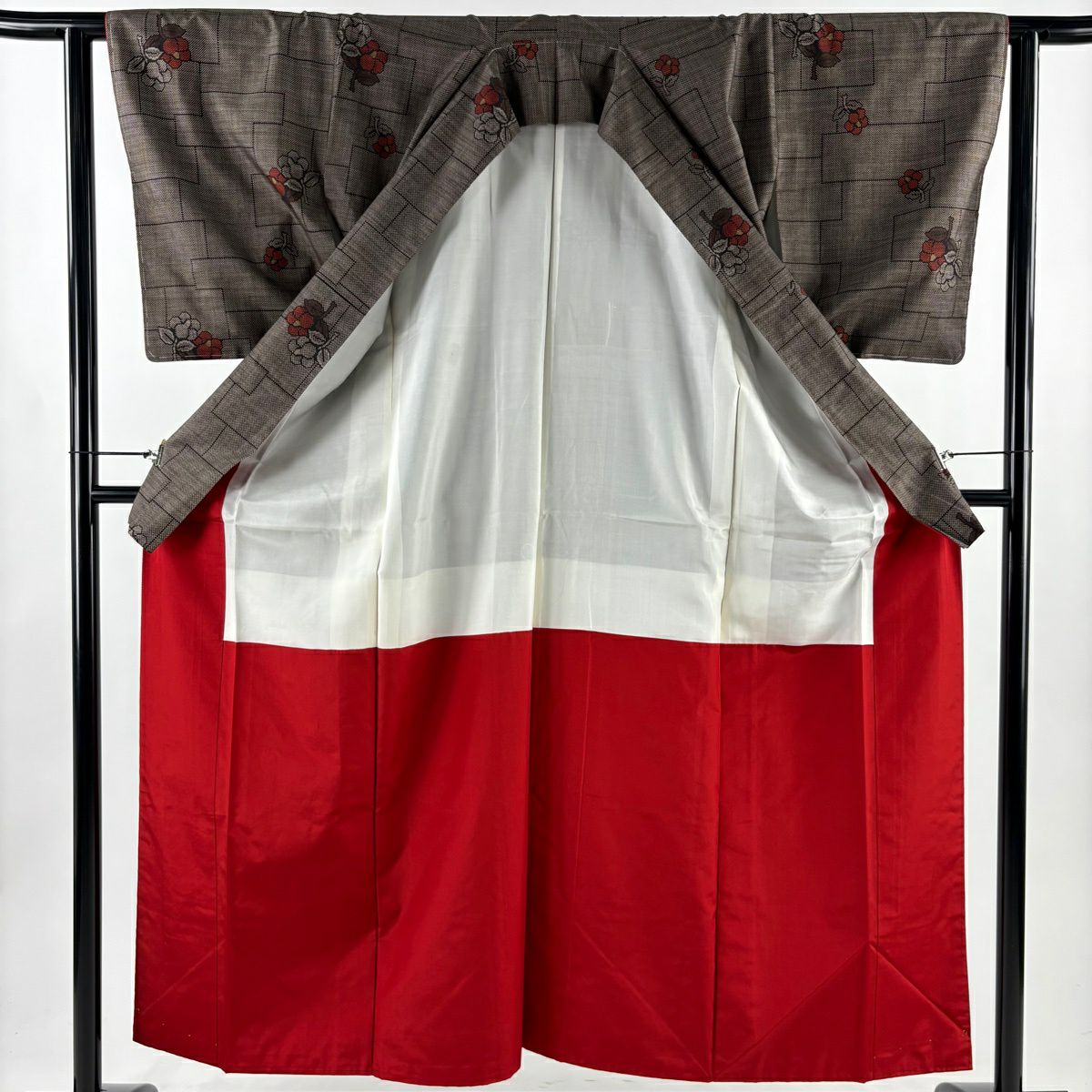 【美品】 紬織 身長155cm 袖長62cm S 雙層 椿 幾何學 焦茶 純蠶絲 秀品級