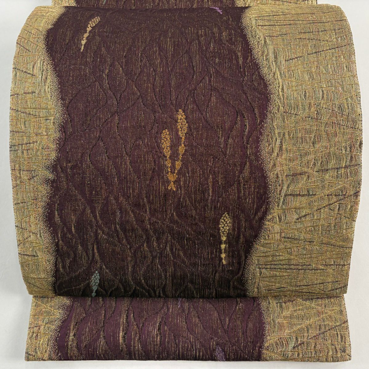 【美品】 袋帶 名品級 筑紫 金金箔 金絲 茶紫 六通 純蠶絲