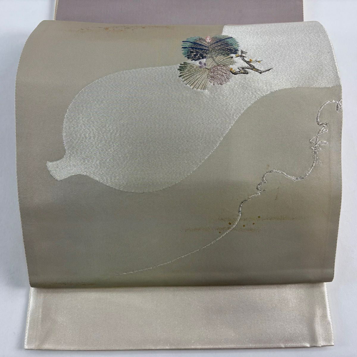 袋帶 名品級 證書齊全 瓢箪 若松樹 金金箔銀線 灰綠色 大鼓圖案 純蠶絲