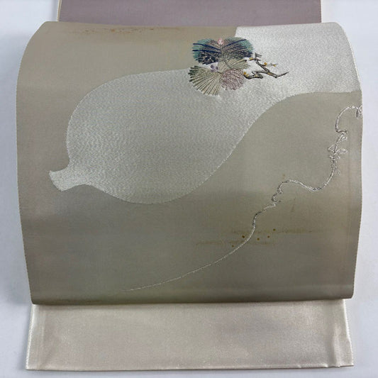 袋帶 名品級 證書齊全 瓢箪 若松樹 金金箔銀線 灰綠色 大鼓圖案 純蠶絲