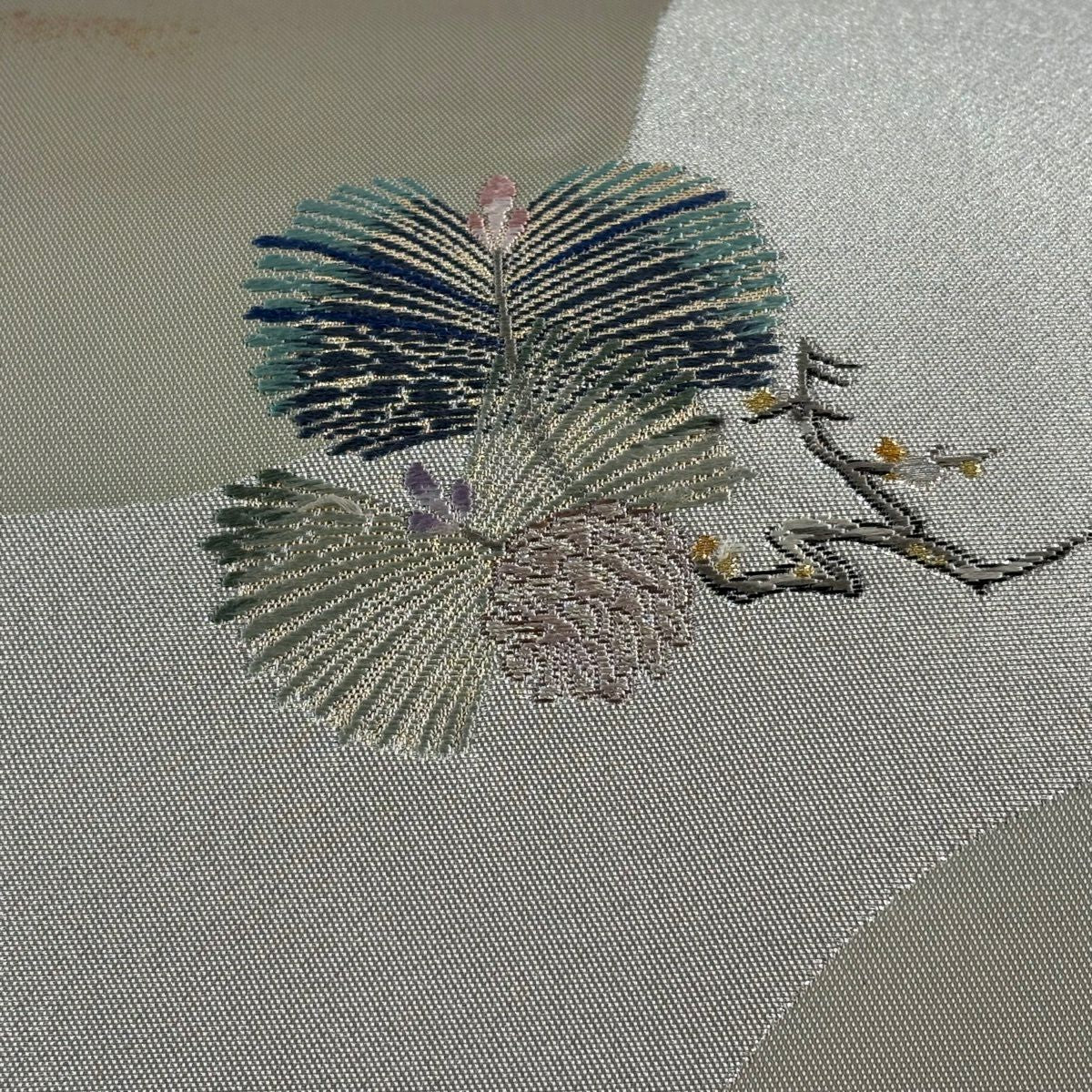 袋帶 名品級 證書齊全 瓢箪 若松樹 金金箔銀線 灰綠色 大鼓圖案 純蠶絲