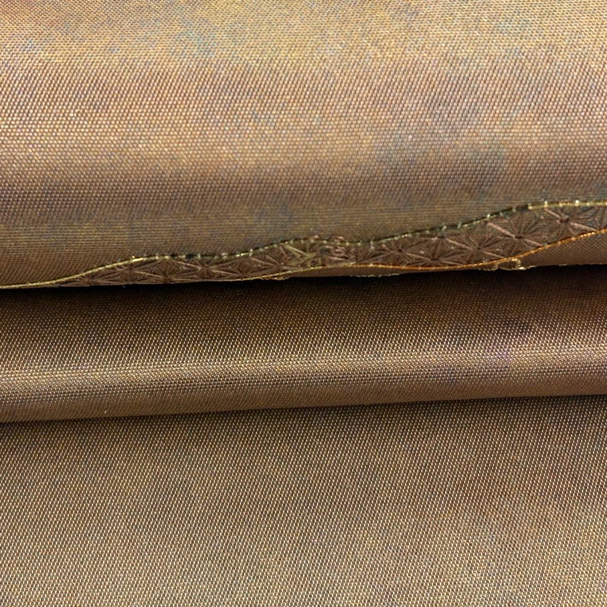 【美品】 袋帶 名品級 關西仕立 華紋 鳳凰 金金箔 刺繡 淺茶 純蠶絲 お太鼓柄